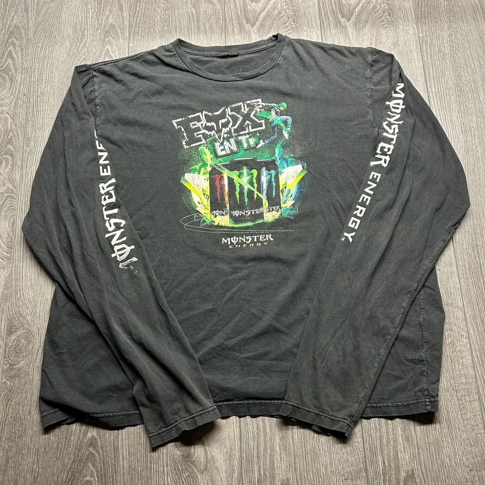 Monster Energy Fox Racing Long Sleeve Shirt Mens XXL Black Y2K Graphic Tee 8358